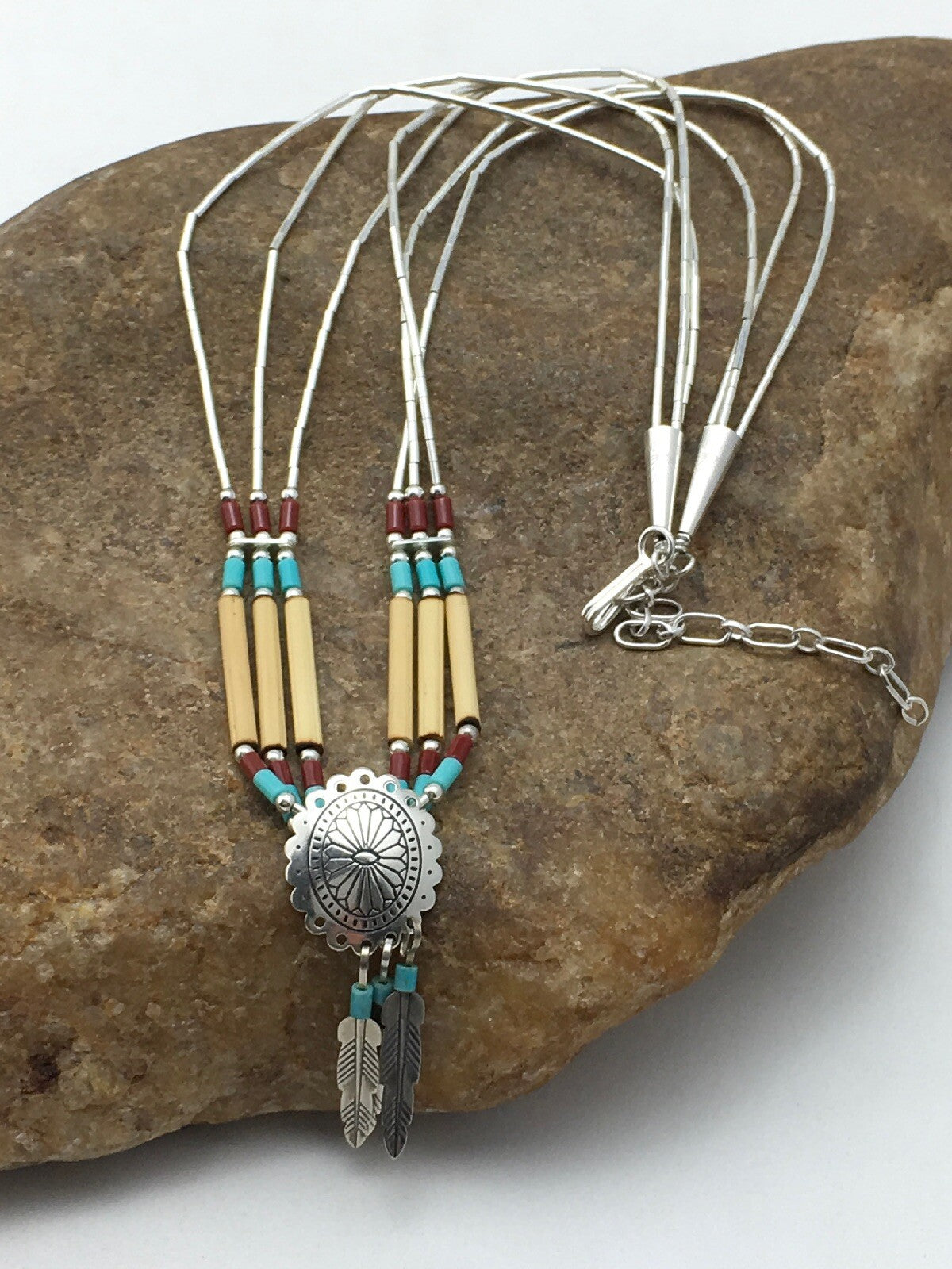 Concho Heishi Tubes 3 Strand Liquid Sterling Silver Navajo Necklace 4373