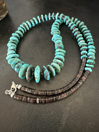 Navajo Blue Turquoise Shell Sterling Silver 24” Necklace 19710