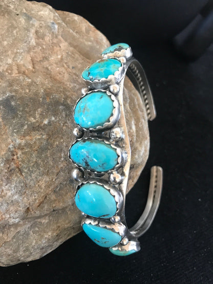Native Turquoise Navajo Sterling Silver 7 Stone Bracelet Platero 08309