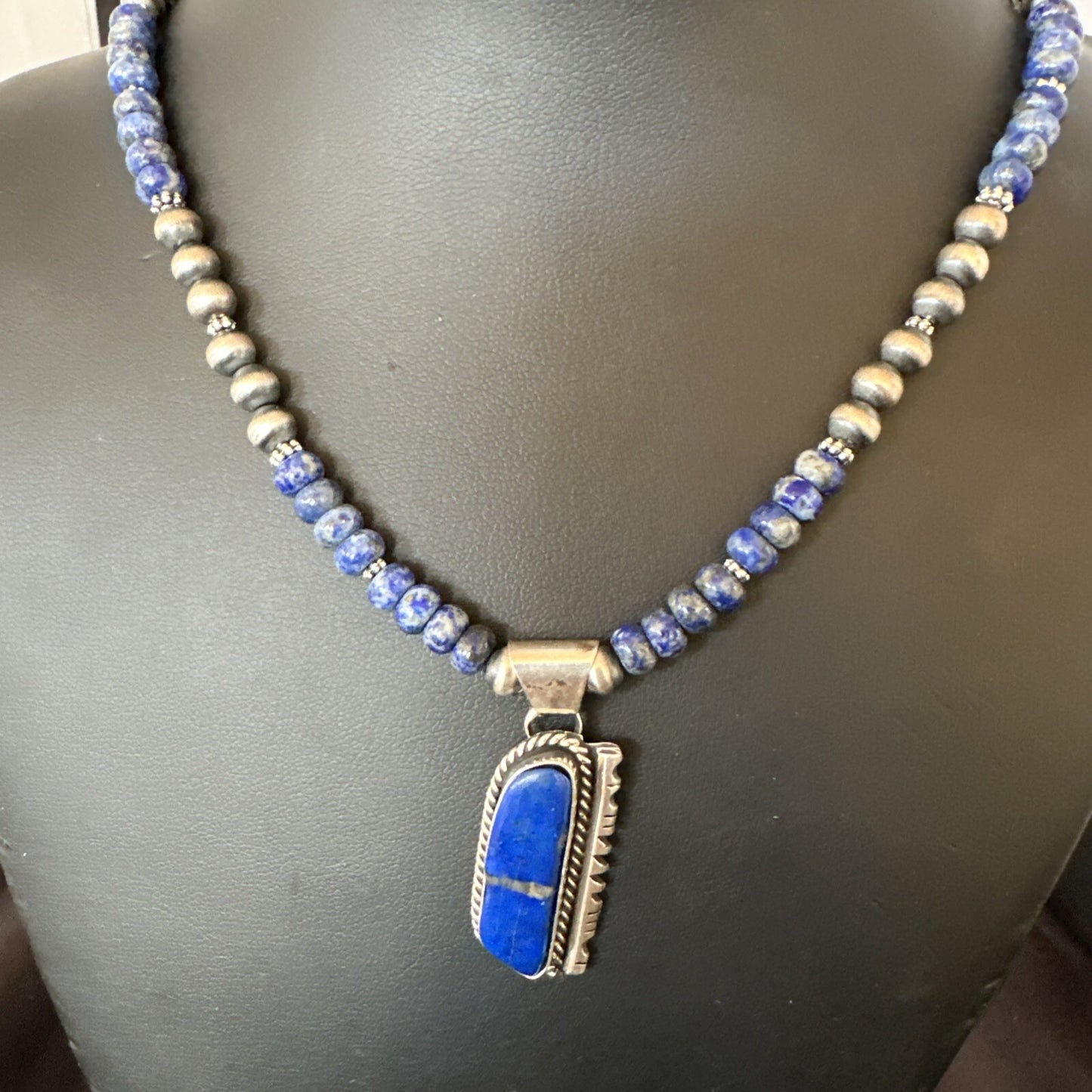 Blue~Lapis~Pendant~Navajo~Pearls~Sterling~Silver~Necklace~ 22”~18742