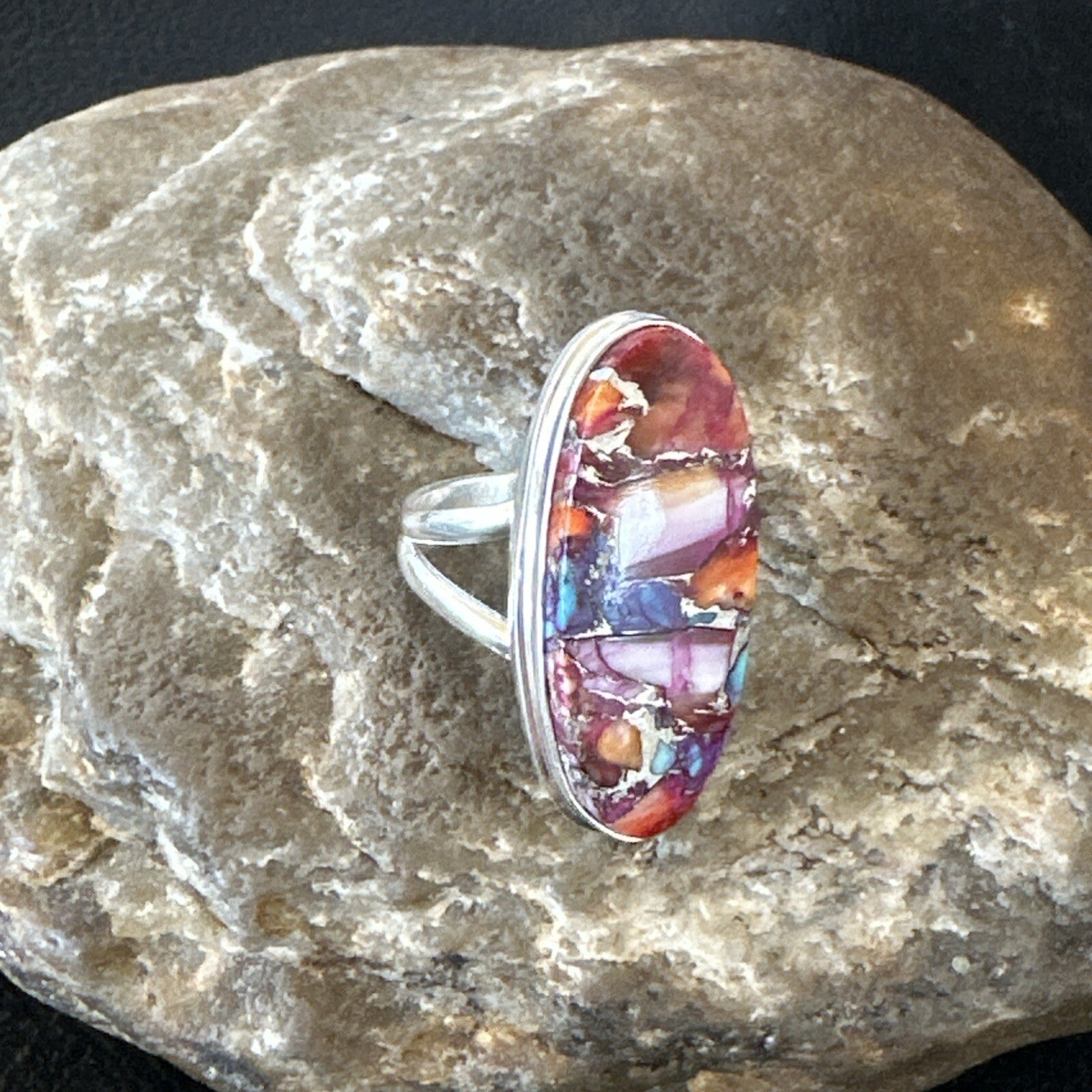 Blue Turquoise Spiny Oyster Southwestern Sterling Silver Ring Size 6 18536