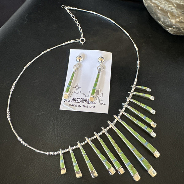 Women's Green Gaspeite Stick Pendant Necklace Earrings | Sterling Silver | Authentic Native American Handmade | 19151