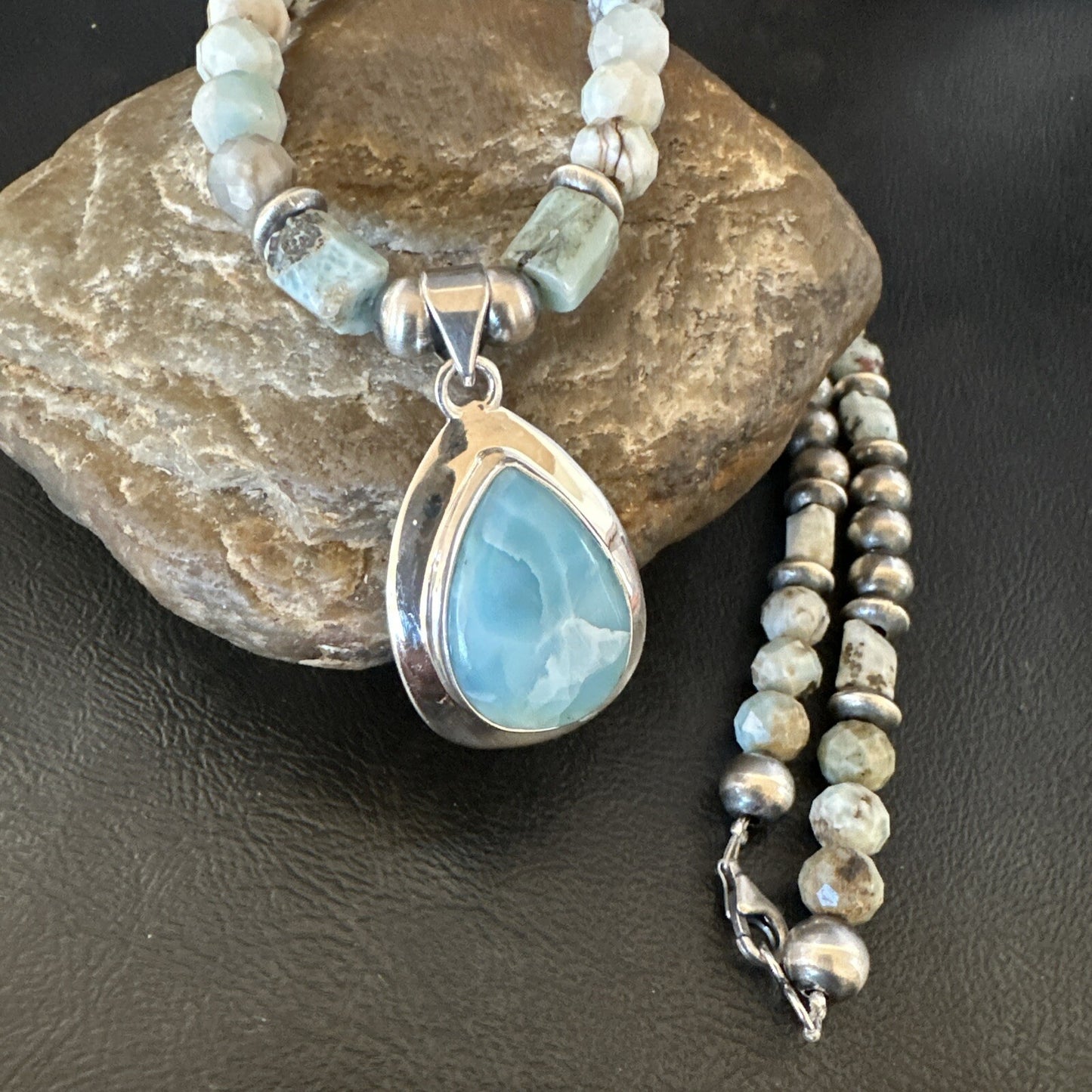 Blue Larimar Pendant Navajo Sterling Silver Natural Necklace 21" 17760