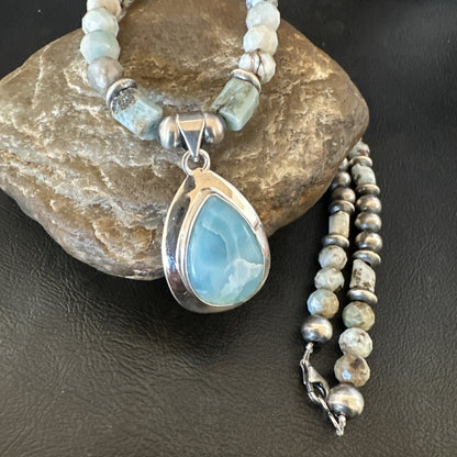 Blue Larimar Pendant Navajo Sterling Silver Natural Necklace 21" 17760