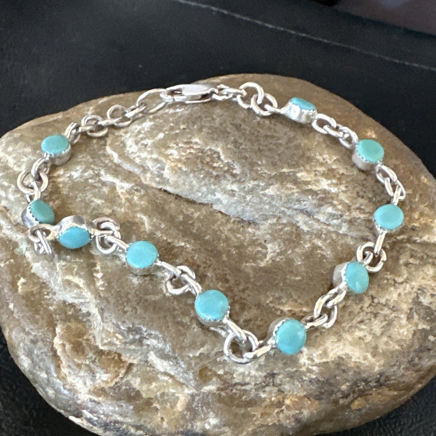 Blue Turquoise Navajo Old Pawn Sterling Silver Link Bracelet 7.5" 18129