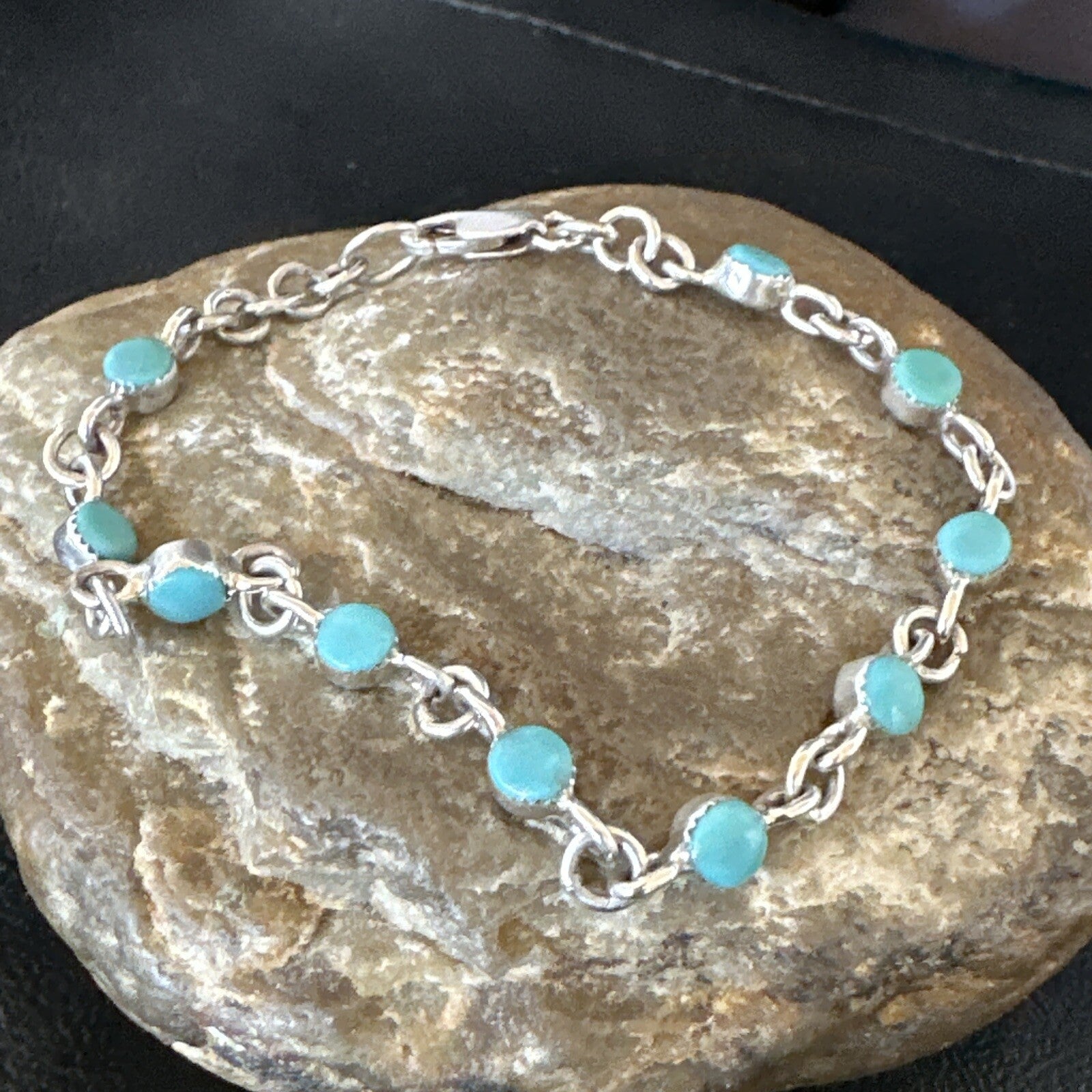 Blue Turquoise Navajo Old Pawn Sterling Silver Link Bracelet 7.5" 18129