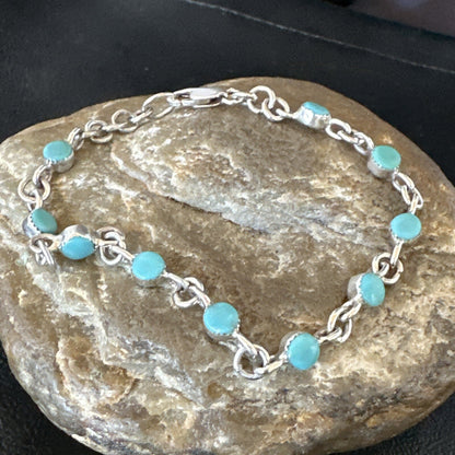 Blue Turquoise Navajo Old Pawn Sterling Silver Link Bracelet 7.5" 18129