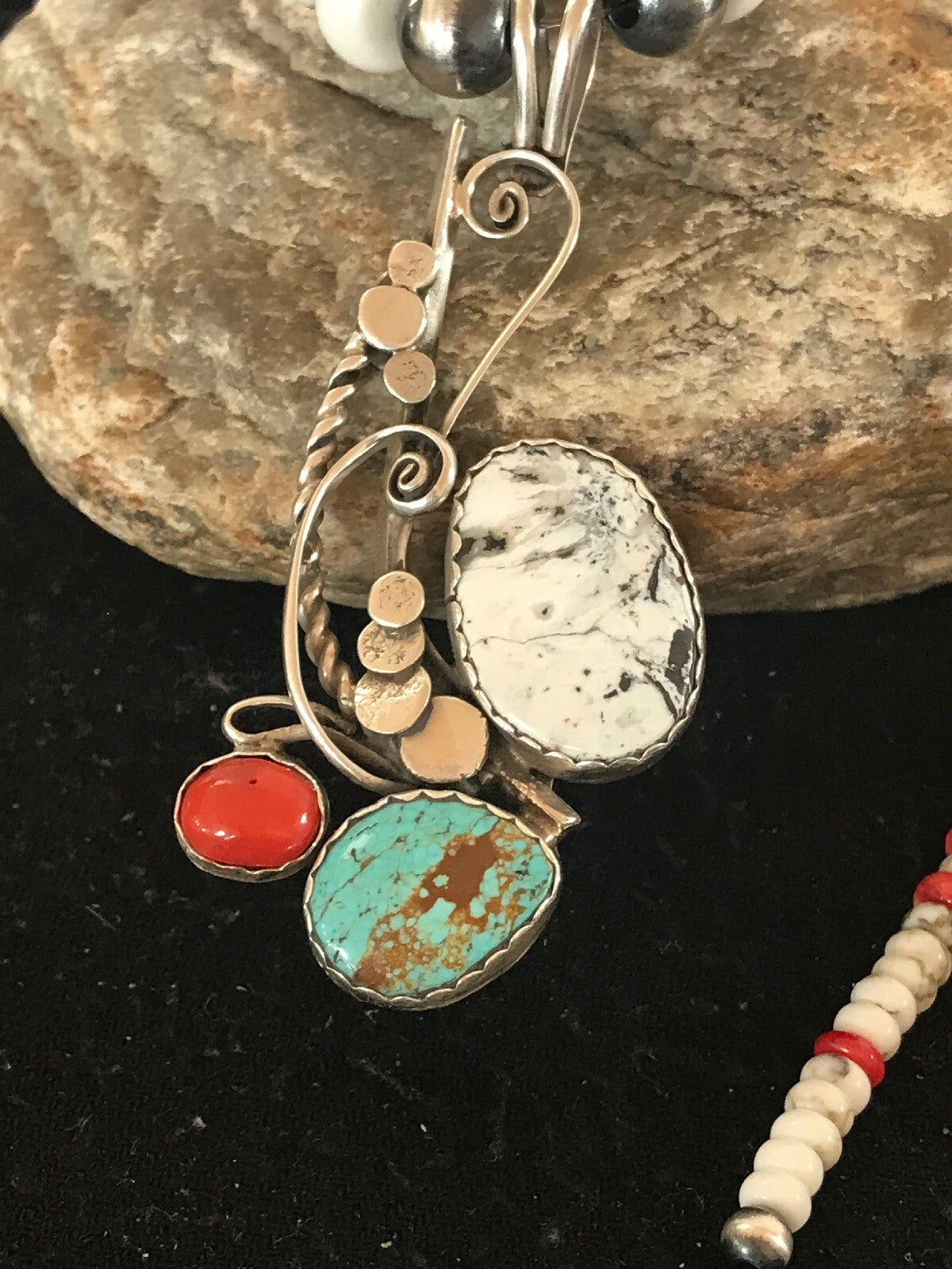 Blue Turquoise Spiny Oyster Pendant Pearls Sterling Beads Silver Necklace 8644