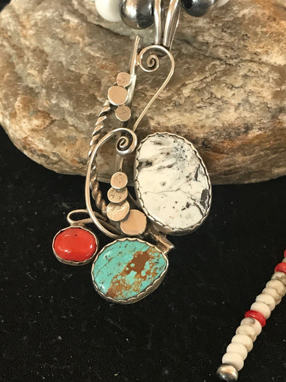 Blue Turquoise Spiny Oyster Pendant Pearls Sterling Beads Silver Necklace 8644