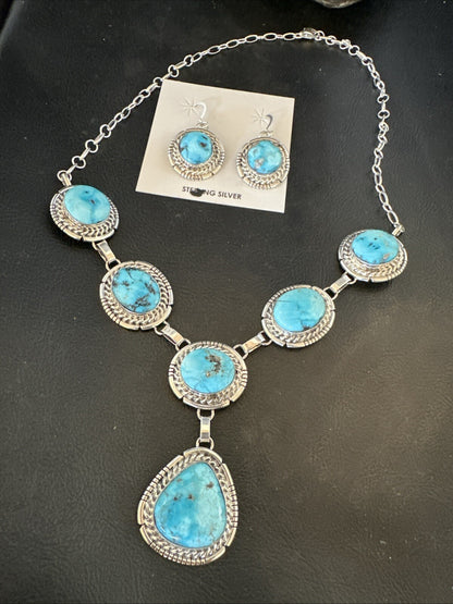 New Women Blue Kingman Turquoise Necklace Earrings Sterling Silver 19” 18620