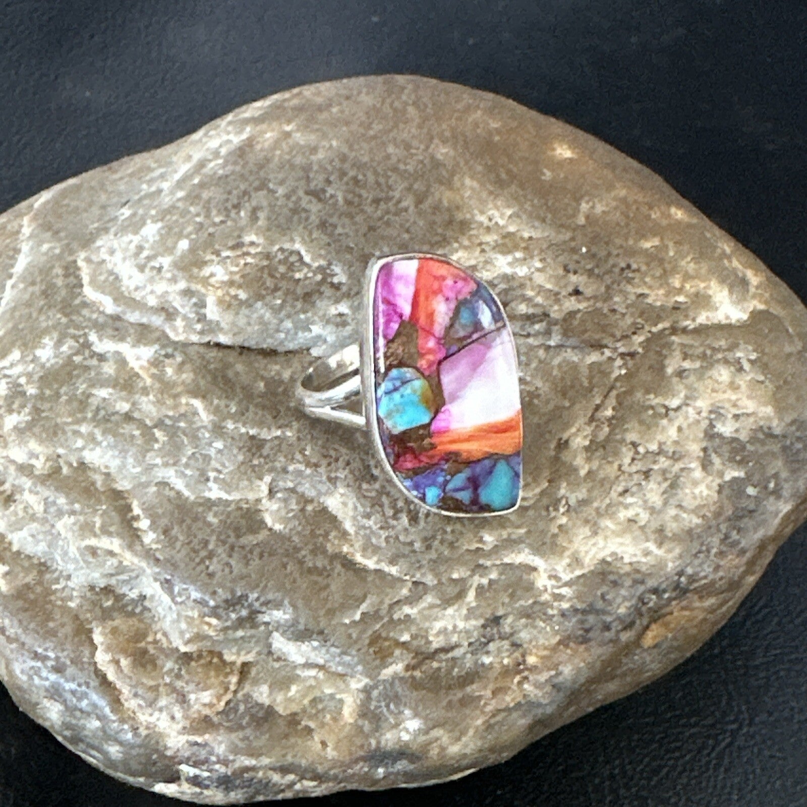 Blue Turquoise Spiny Oyster Navajo Sterling Silver Ring Size 8 18249