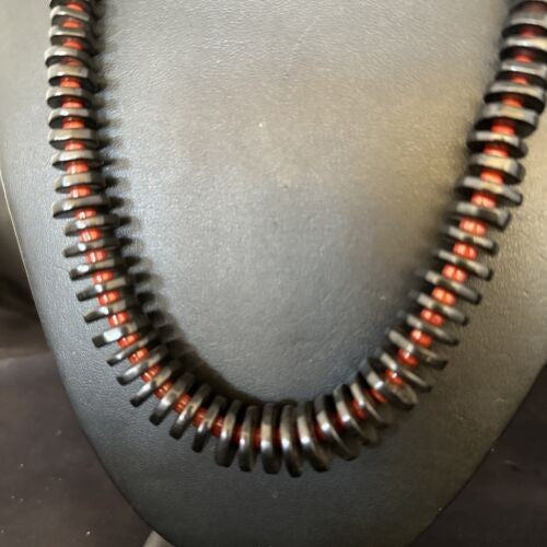 Navajo Bamboo Coral Black Onyx Necklace Sterling Silver 20" 14431