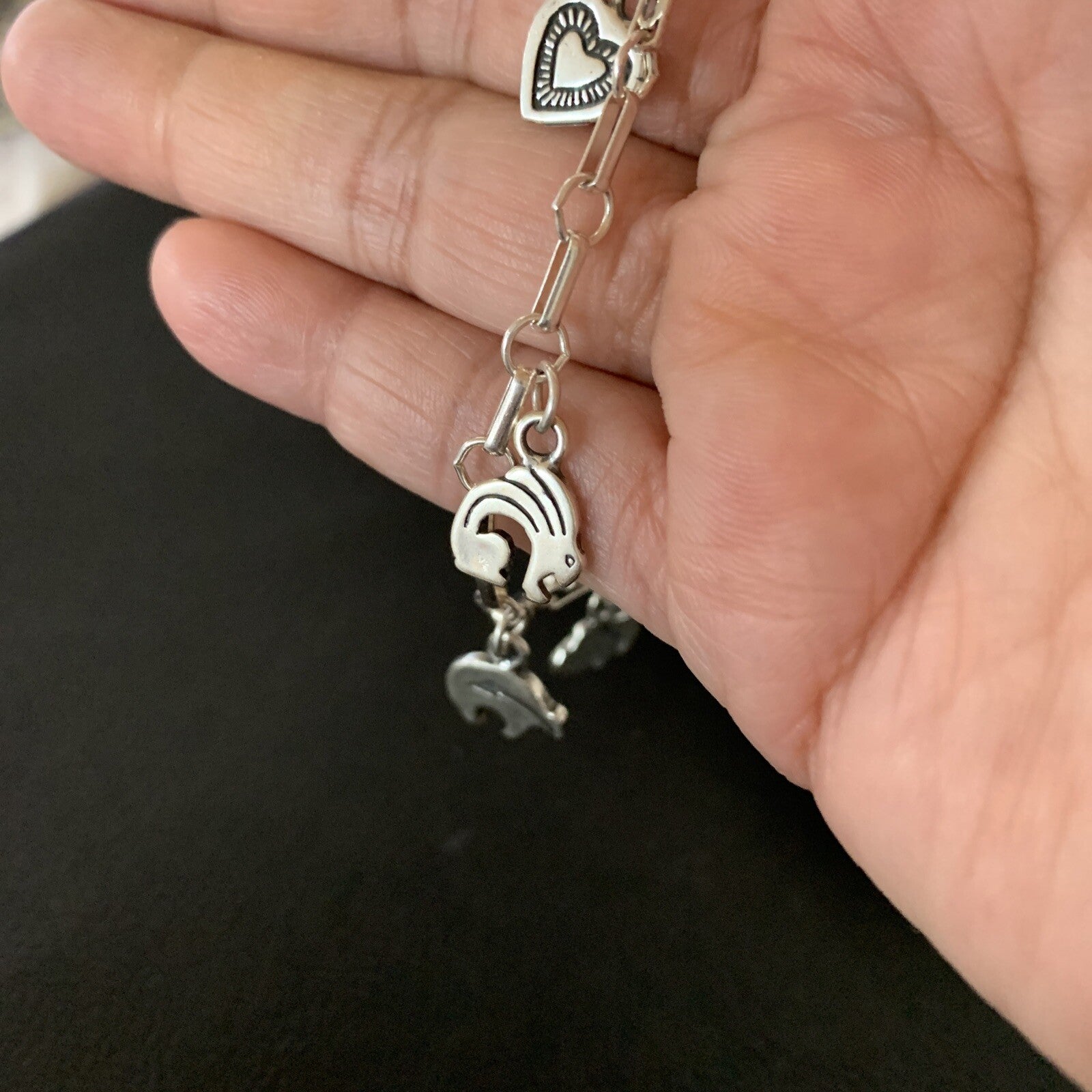 Kokopelli Different Charms Navajo Sterling Silver Link Bracelet 7.5" 1464
