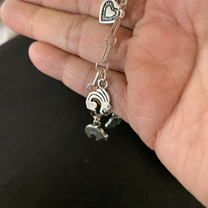 Kokopelli Different Charms Navajo Sterling Silver Link Bracelet 7.5" 1464