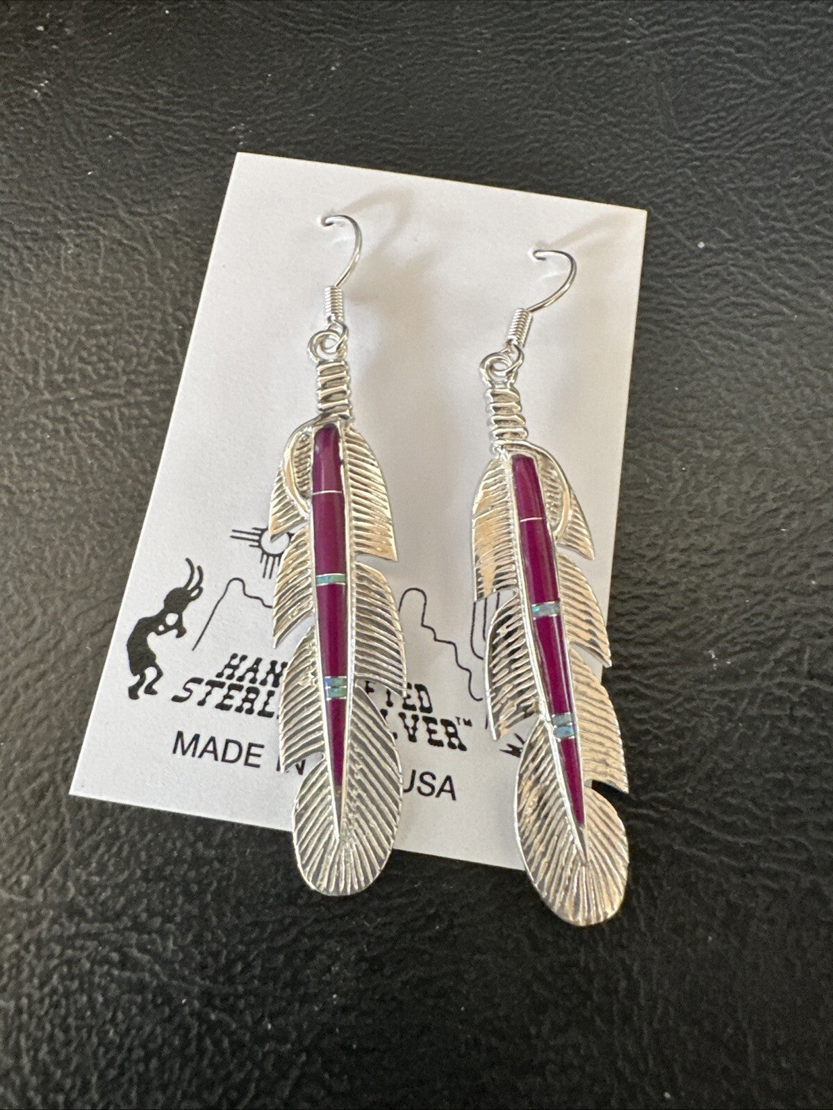 Purple Sugilite Opal Sterling Silver Handmade Inlay Feather Earrings 18694