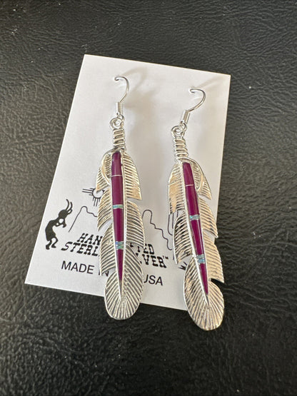 Purple Sugilite Opal Sterling Silver Handmade Inlay Feather Earrings 18694