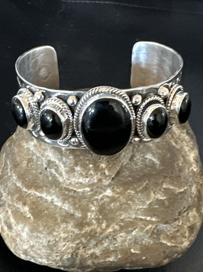 Native Mens Navajo Sterling Silver Black Onyx Cuff Bracelet 5 Stone 18018