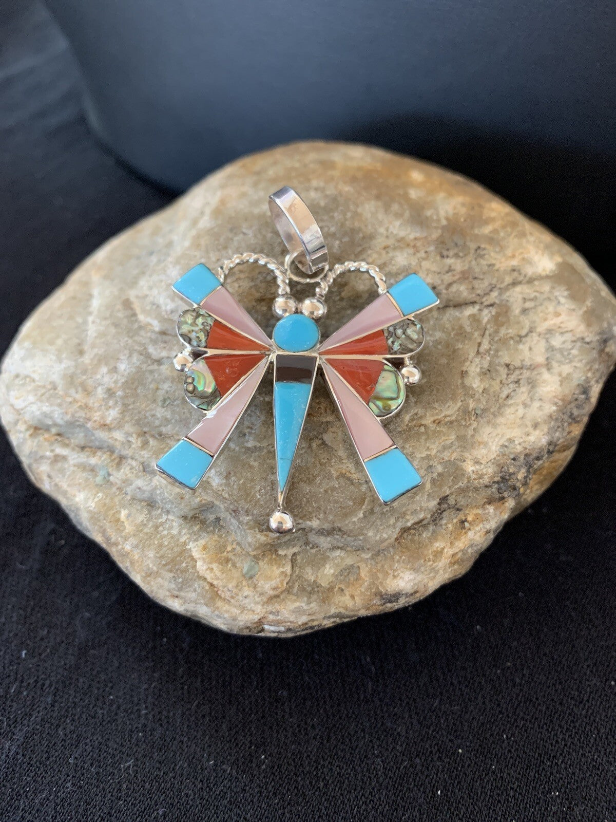 Turquoise Spiny & Mother Of Pearls Butterfly Sterling Silver Pin Pendant 01366