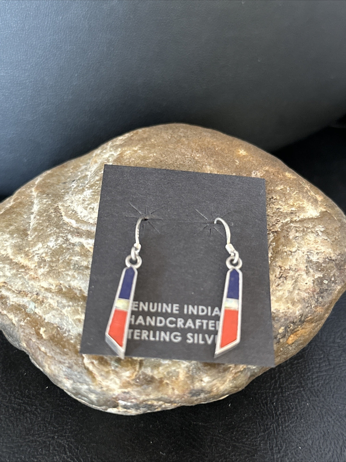 Lapis Opal & Coral Navajo Sterling Silver Inlay Earrings 1” 14766
