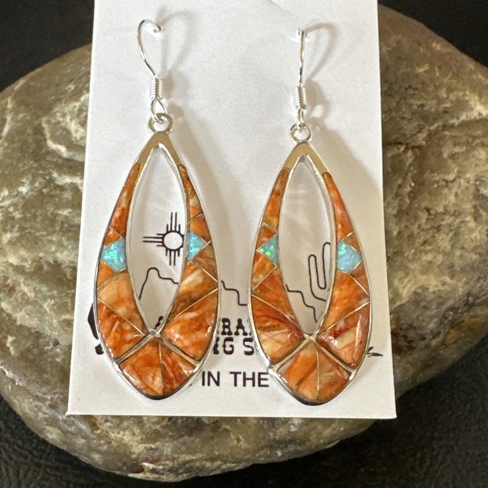 Women Opal Spiny Oyster Inlay Southwestern Sterling Silver Dangle Earrings 19136