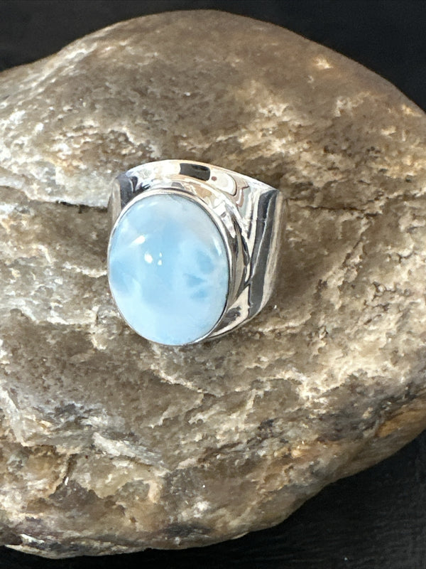 Women's Blue Larimar Navajo Ring Size 9 | Sterling Silver | Authentic Native American Handmade | 17672