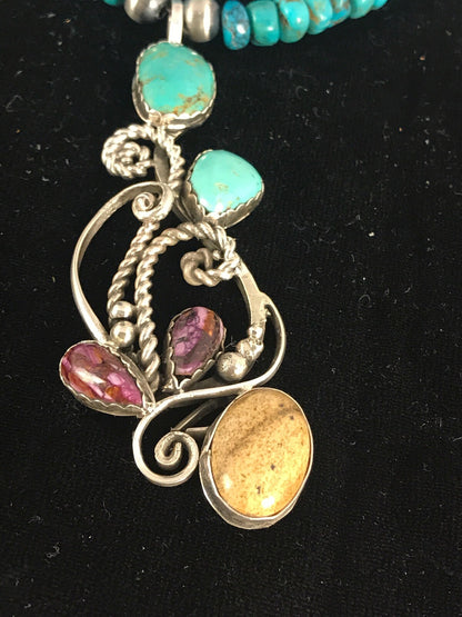 Blue Turquoise, Spiny Oyster Pendant Navajo Pearls Sterling Silver Necklace 8487