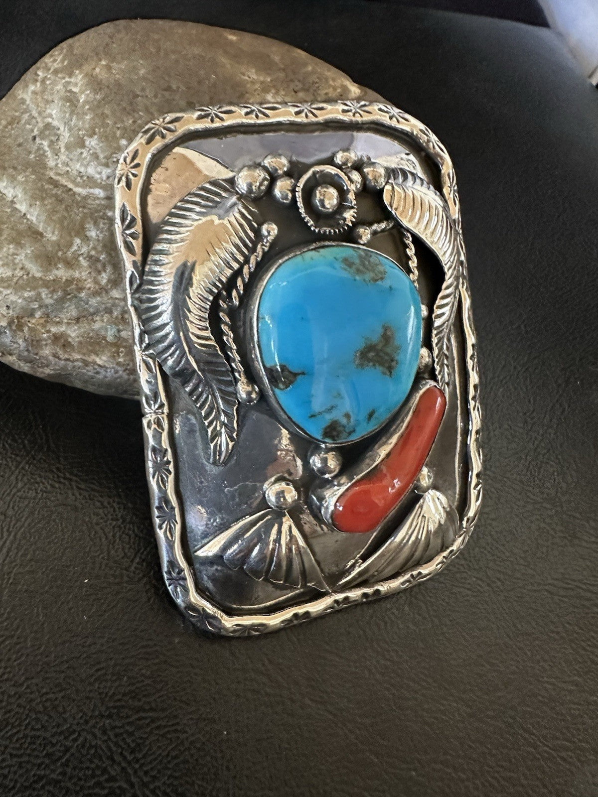Mens Buckle Blue Turquoise Coral Navajo Sterling Silver Concho Belt 19489