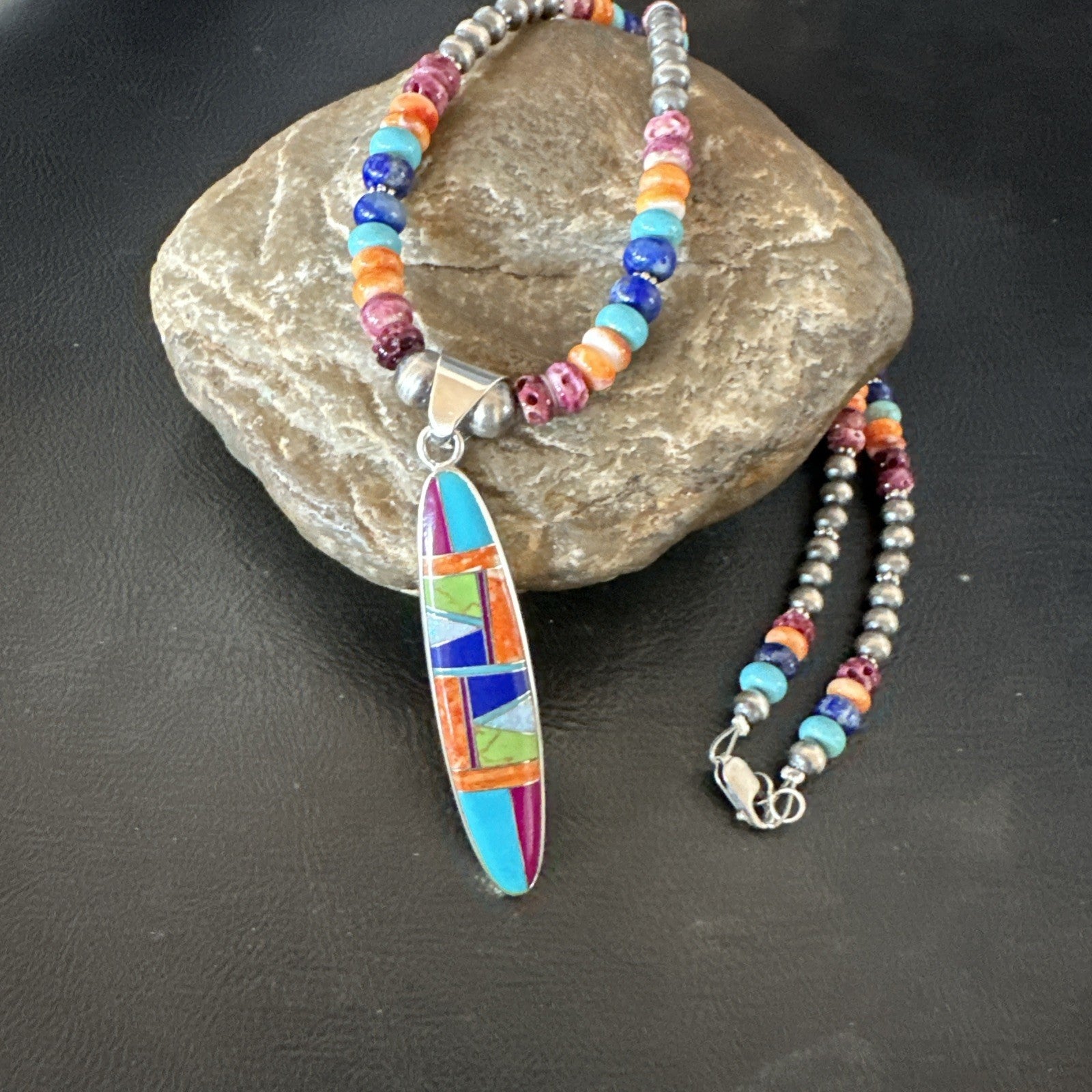 Multicolor Turquoise Spiny Navajo Sterling Silver Inlay Pendant Necklace 19643