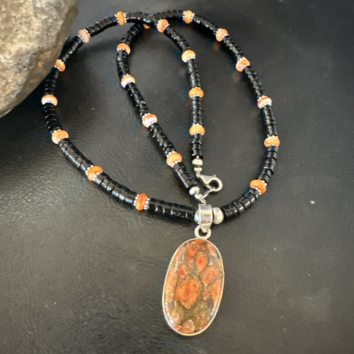 Orange Spiny Black Onyx Navajo Sterling Silver Pendant Necklace 20” 19638