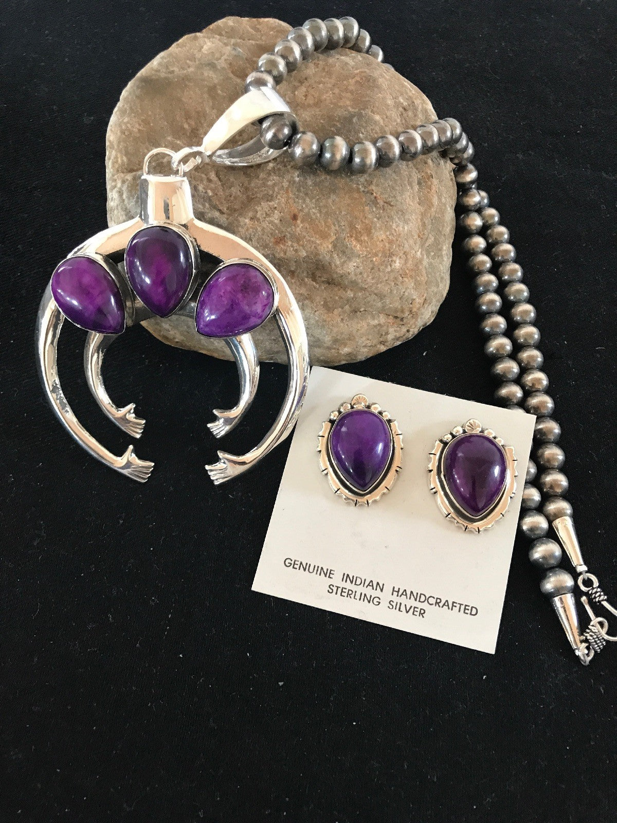 Purple Stone Naja Sterling Silver Beads Necklace Pendant Earring Yazzie 03894