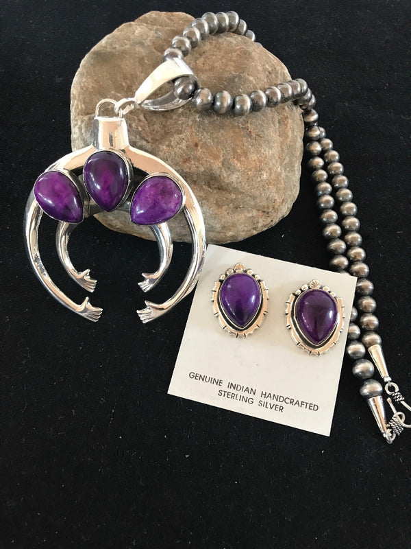 Purple Stone Naja Beads Necklace Pendant Earring Yazzie | Sterling Silver | Authentic Native American Handmade | 03894