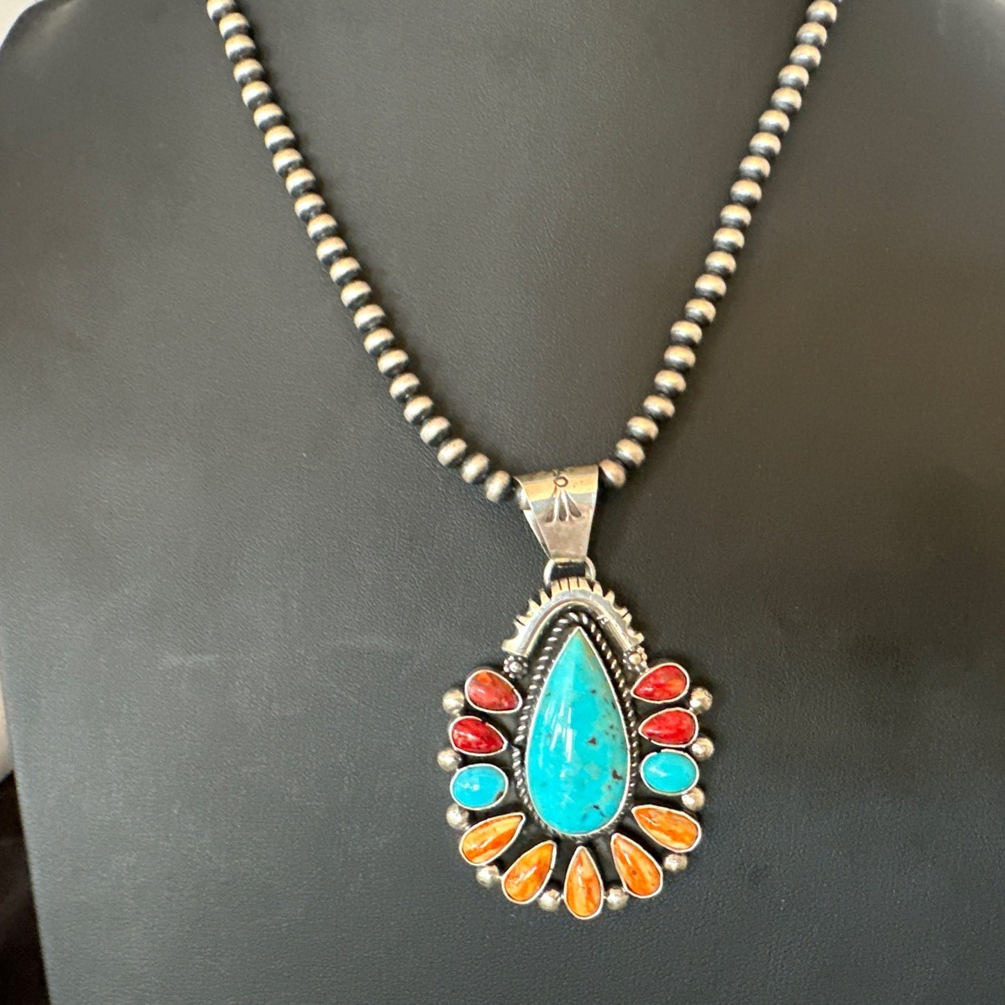 Multicolor Turquoise Spiny Navajo Sterling Silver Cluster Pendant Necklace 19561