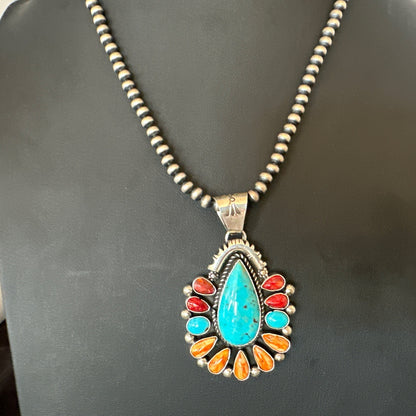 Multicolor Turquoise Spiny Navajo Sterling Silver Cluster Pendant Necklace 19561