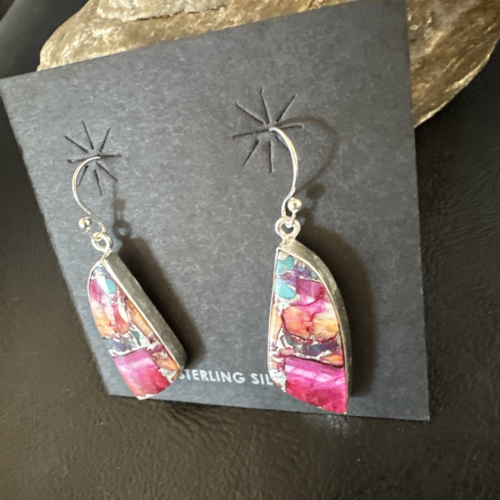 Blue Turquoise Purple Spiny Oyster Inlay Sterling Silver Dangle Earrings 15565