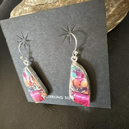 Blue Turquoise Purple Spiny Oyster Inlay Sterling Silver Dangle Earrings 15565