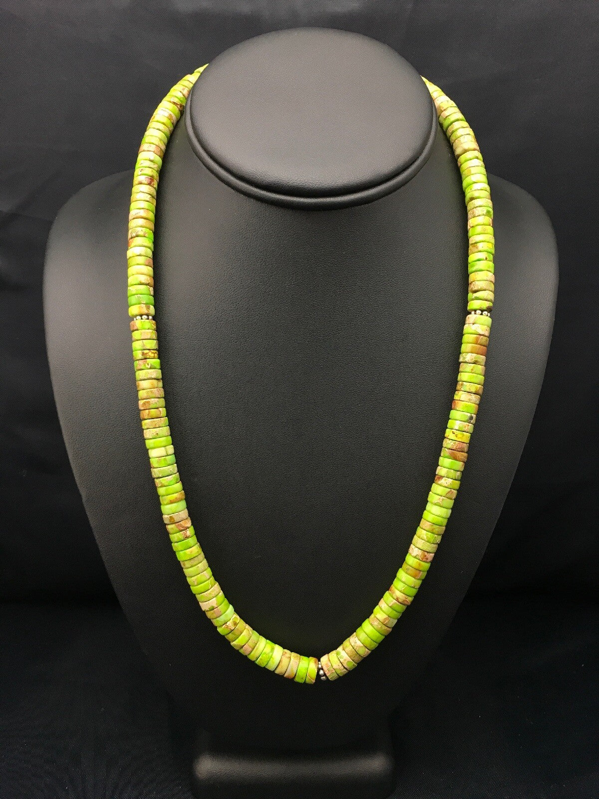 Native Green Gaspeite Stabilized Navajo Sterling Silver Necklace 20" 04337