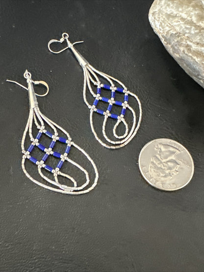 Blue Lapis 3 Strand Heishi Liquid Sterling Silver Dangle Earrings 17737