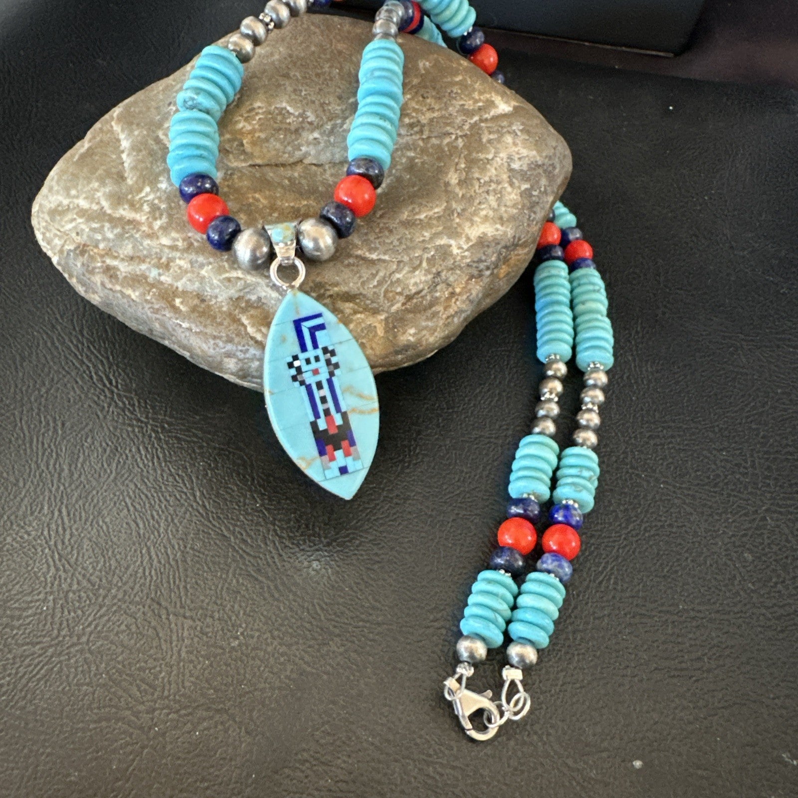 Multicolor Turquoise Coral Navajo Sterling Silver Inlay Pendant Necklace 19645