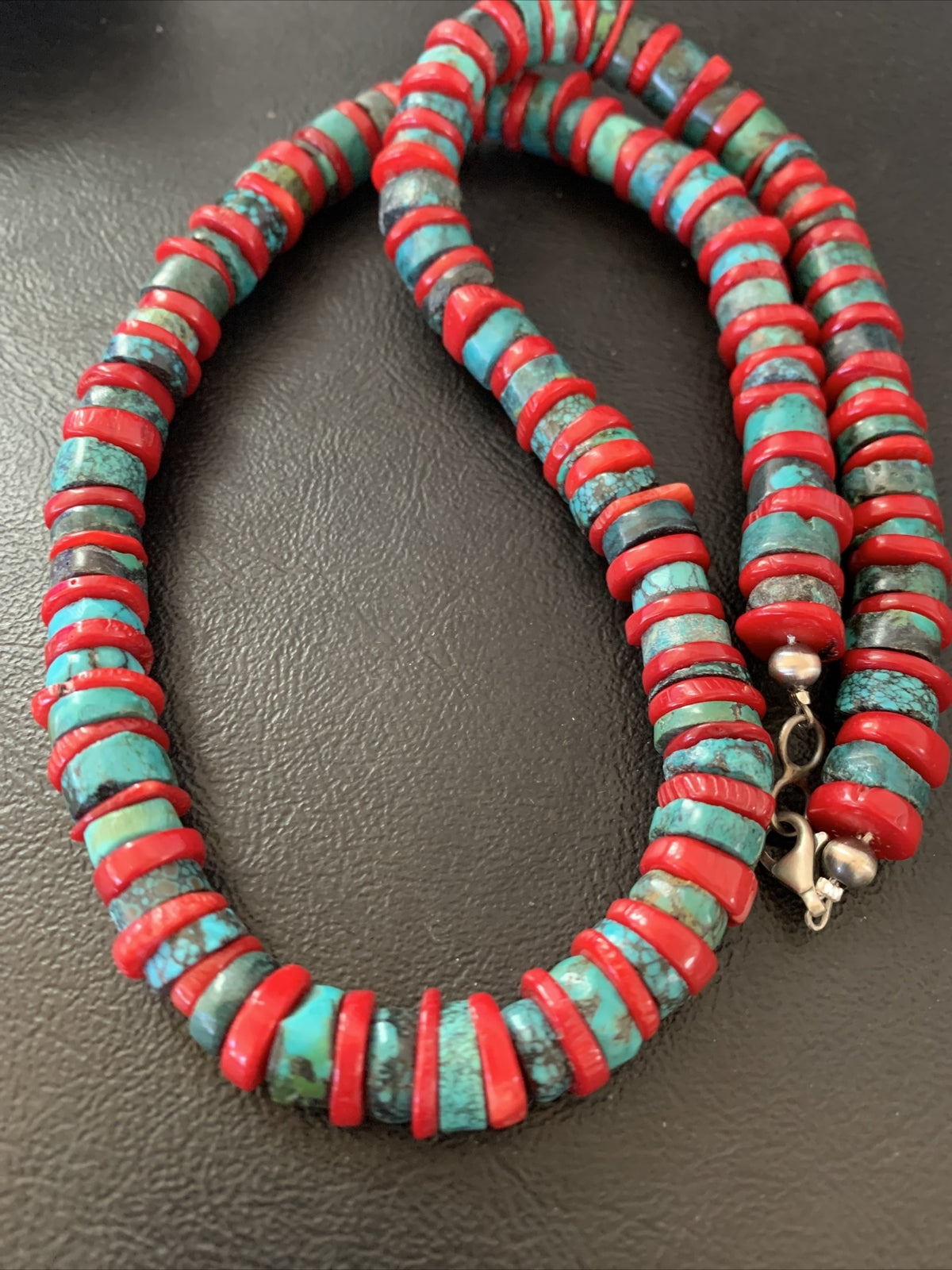 Mens Turquoise & Coral Heishi Navajo Sterling Silver Necklace 22” 14689