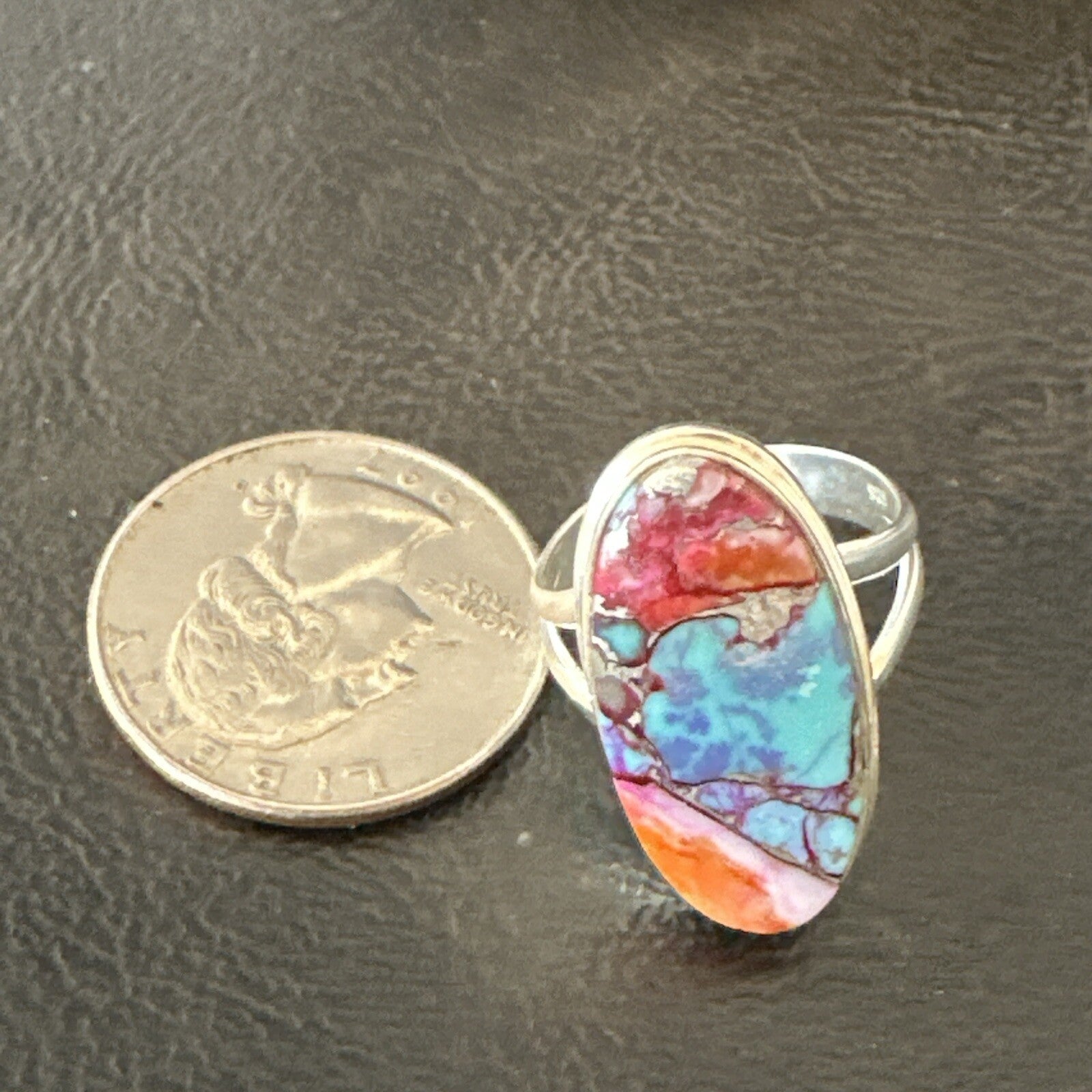 Blue Turquoise Spiny Oyster Southwestern Sterling Silver Ring Size 7 18496
