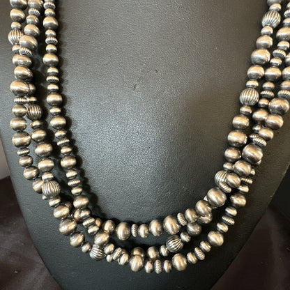 Mixed Bead Sterling Silver Navajo Pearls Necklace 22” 3 Strand 94422