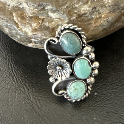 Yazzie Ring Green Turquoise Navajo Sterling Silver Cluster Size 8.5 19233