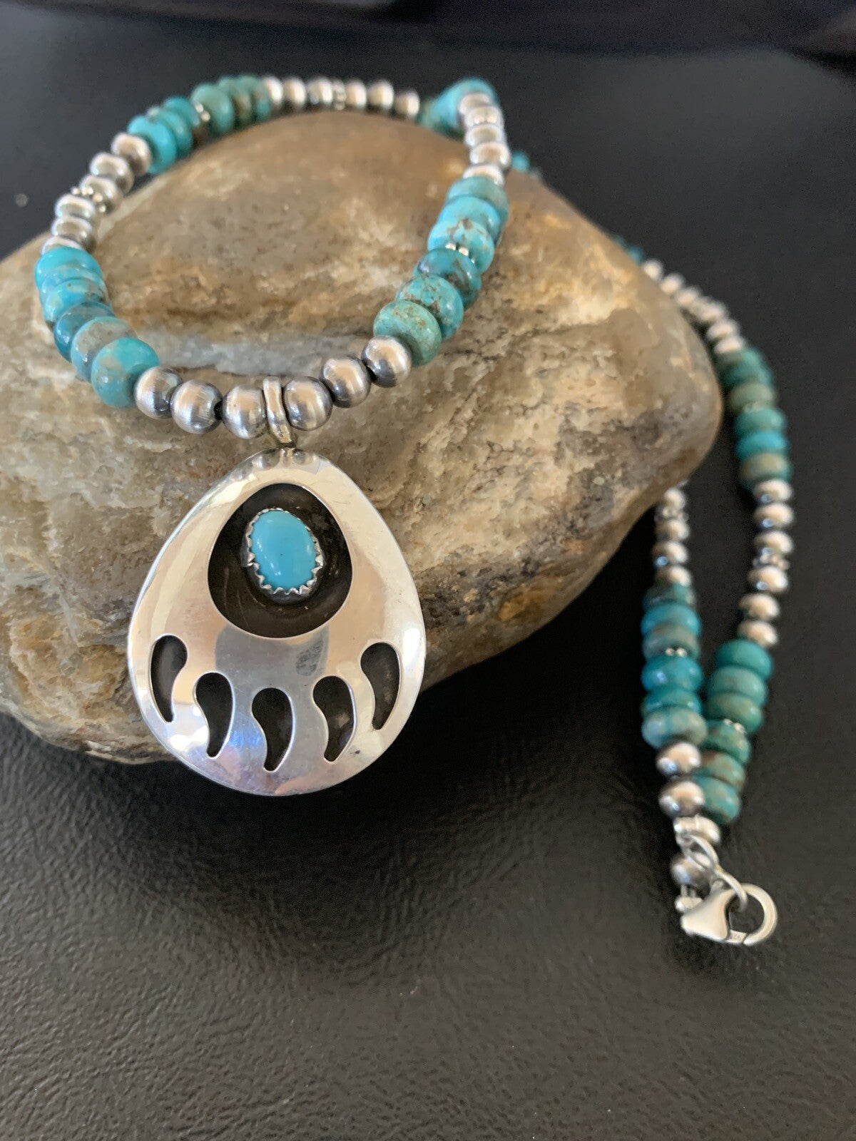 Bear Paw Navajo Sterling Silver Blue Kingman Turquoise Necklace Pendant 11693