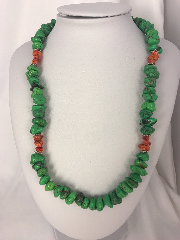 Green Magnesite Spiny Oyster Navajo Sterling Silver Necklace Gift 20" 17546
