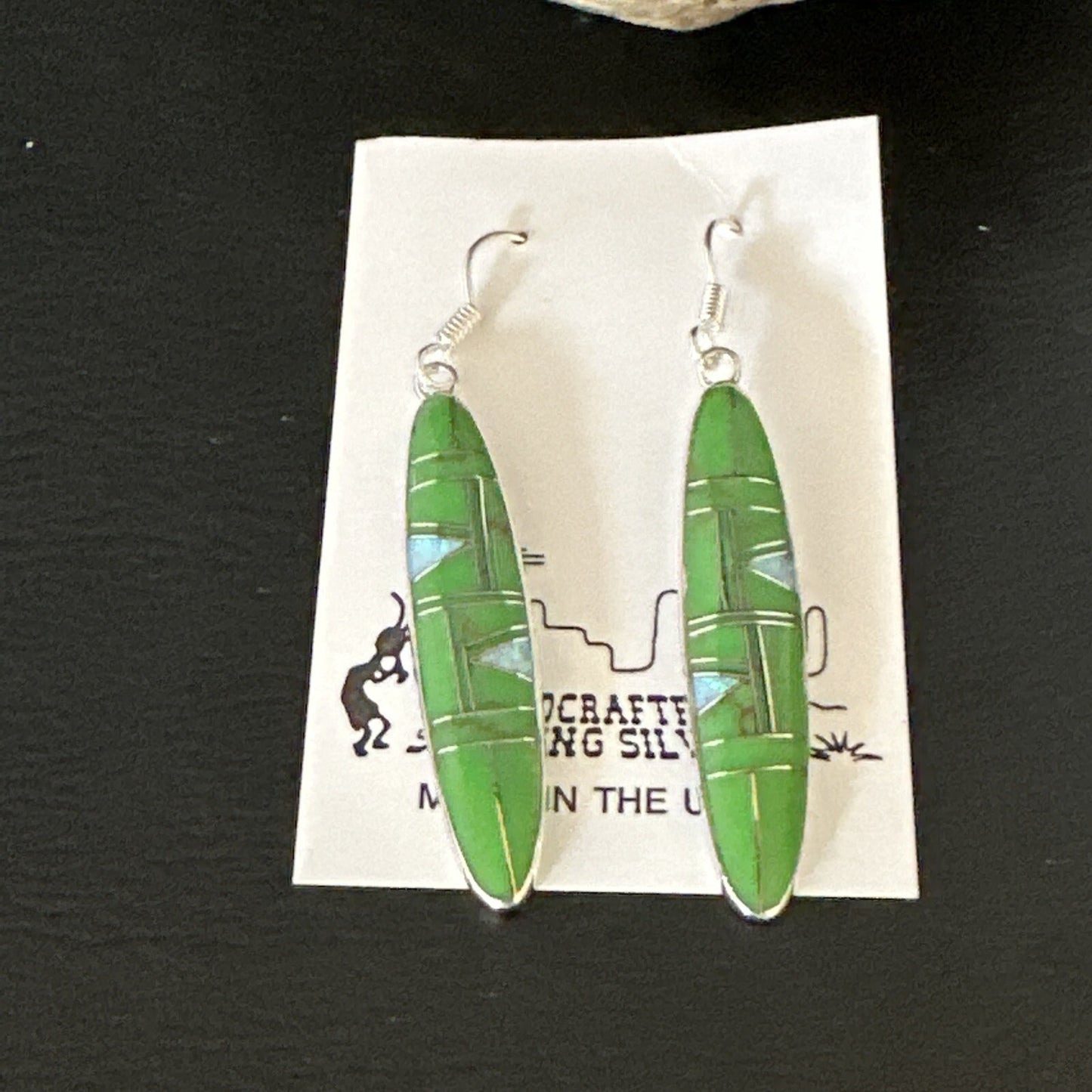 Green Gaspiete Southwestern Sterling Silver Inlay Earrings 1.5” 14933