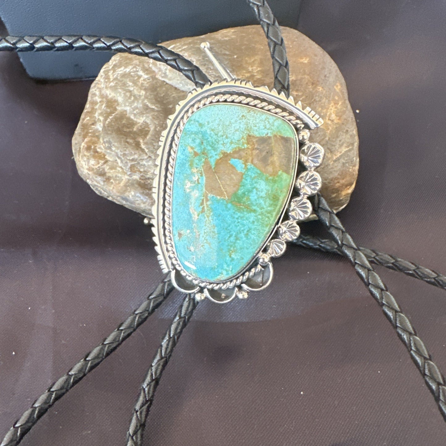 Native Mens Blue Green Royston Turquoise Bolo Tie Sterling Silver Navajo 19594