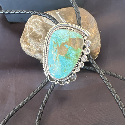 Native Mens Blue Green Royston Turquoise Bolo Tie Sterling Silver Navajo 19594