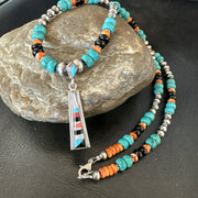 Multicolor Turquoise Spiny Zuni Inlay Pendant Necklace | Sterling Silver | Authentic Native American Handmade | 19664