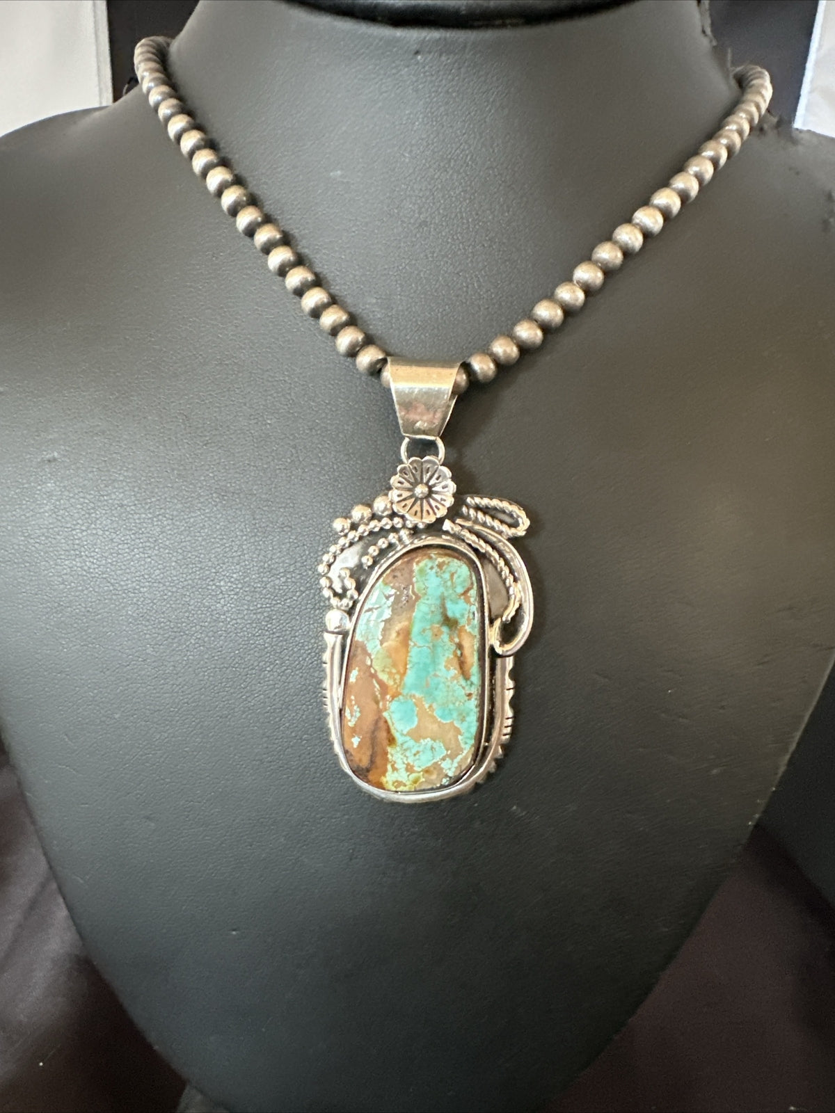 Mens Women Navajo Sterling Silver Green Royston Turquoise Necklace Pendant 18158