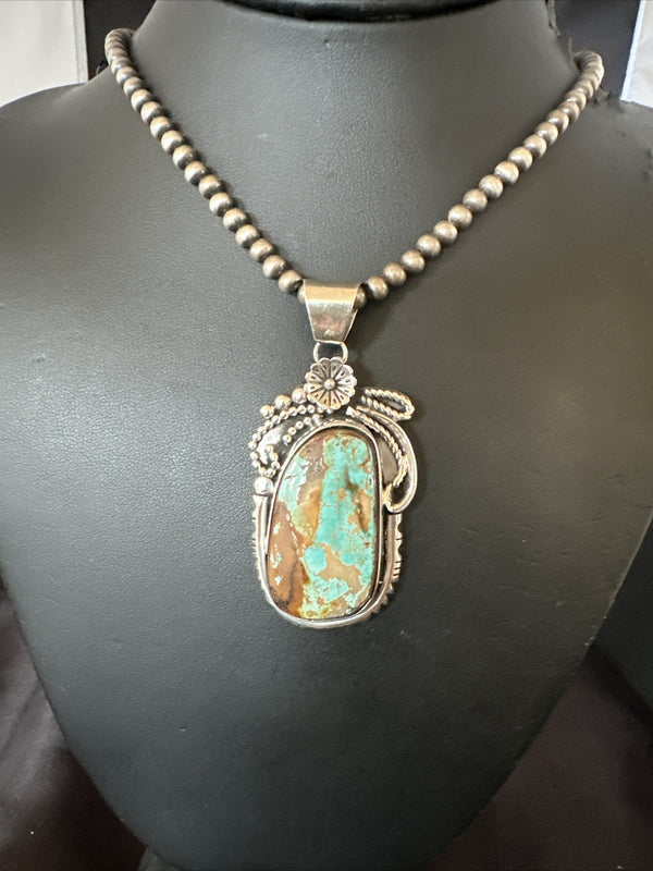 Men's Women Navajo Green Royston Turquoise Necklace Pendant | Sterling Silver | Authentic Native American Handmade | 18158
